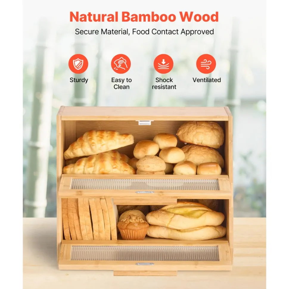 VEVOR Double Layer Bread Box for Kitchen Counter, Large Capacity Bamboo Bread Storage Container, Farmhouse Wooden Breadbox for Homemade Bread, Storage Holder Bin with Acrylic Wavy Door Panel, Natural