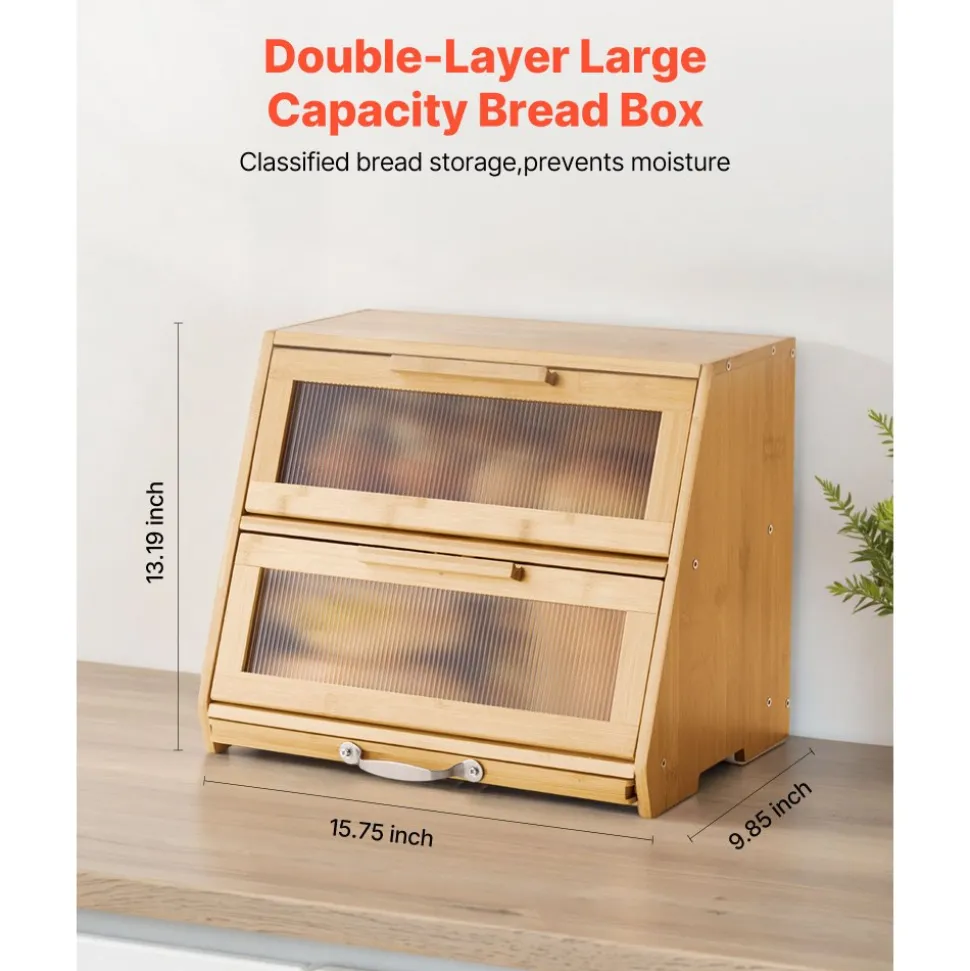 VEVOR Double Layer Bread Box for Kitchen Counter, Large Capacity Bamboo Bread Storage Container, Farmhouse Wooden Breadbox for Homemade Bread, Storage Holder Bin with Acrylic Wavy Door Panel, Natural