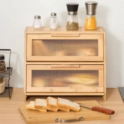VEVOR Double Layer Bread Box for Kitchen Counter, Large Capacity Bamboo Bread Storage Container, Farmhouse Wooden Breadbox for Homemade Bread, Storage Holder Bin with Acrylic Wavy Door Panel, Natural