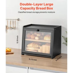VEVOR Double Layer Bread Box for Kitchen Counter, Large Capacity Bamboo Bread Storage Container, Farmhouse Wooden Breadbox for Homemade Bread, Storage Holder Bin with Acrylic Wavy Door Panel, Black