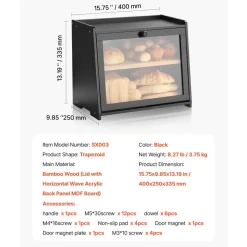 VEVOR Double Layer Bread Box for Kitchen Counter, Large Capacity Bamboo Bread Storage Container, Farmhouse Wooden Breadbox for Homemade Bread, Storage Holder Bin with Acrylic Wavy Door Panel, Black