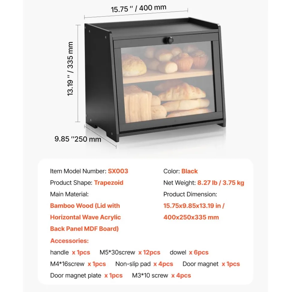 VEVOR Double Layer Bread Box for Kitchen Counter, Large Capacity Bamboo Bread Storage Container, Farmhouse Wooden Breadbox for Homemade Bread, Storage Holder Bin with Acrylic Wavy Door Panel, Black