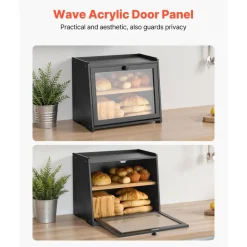 VEVOR Double Layer Bread Box for Kitchen Counter, Large Capacity Bamboo Bread Storage Container, Farmhouse Wooden Breadbox for Homemade Bread, Storage Holder Bin with Acrylic Wavy Door Panel, Black