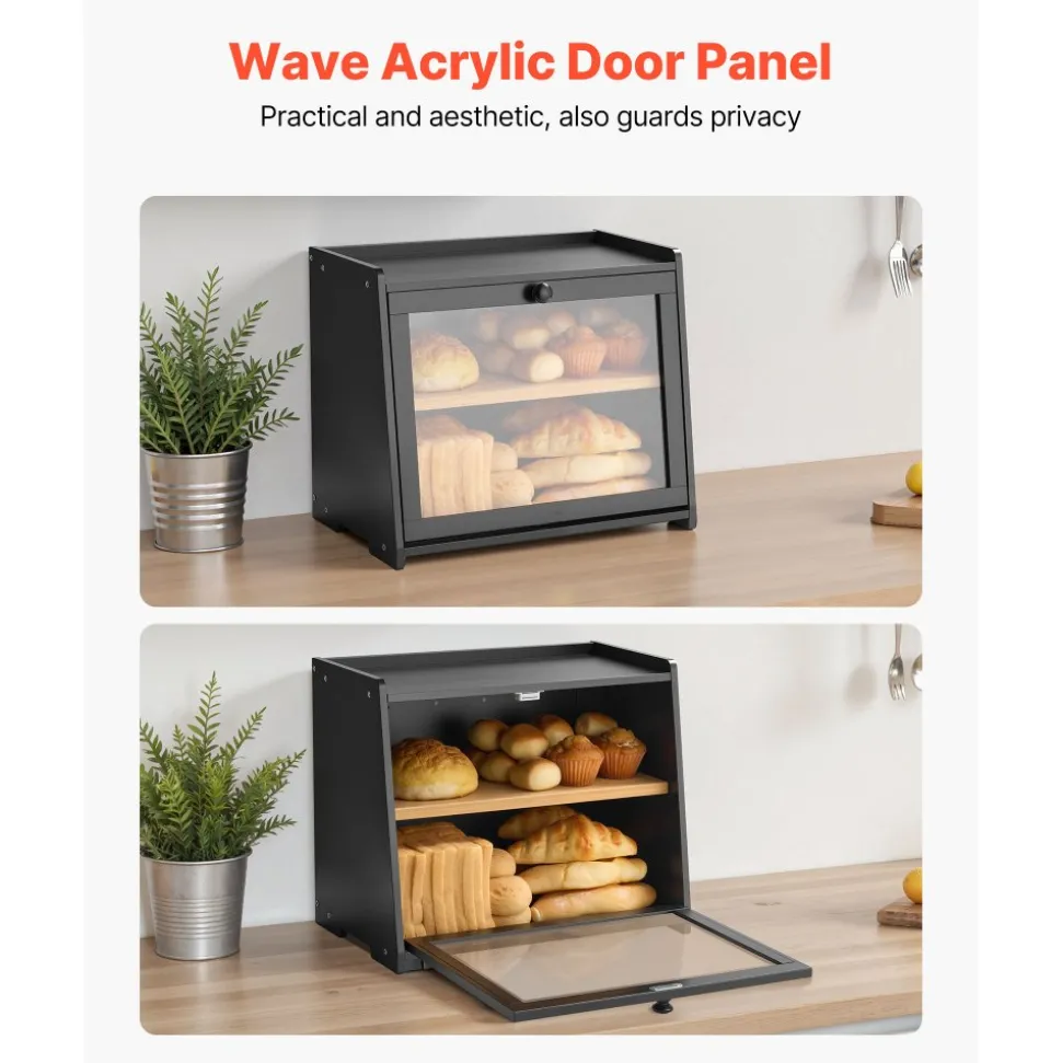 VEVOR Double Layer Bread Box for Kitchen Counter, Large Capacity Bamboo Bread Storage Container, Farmhouse Wooden Breadbox for Homemade Bread, Storage Holder Bin with Acrylic Wavy Door Panel, Black