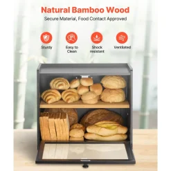 VEVOR Double Layer Bread Box for Kitchen Counter, Large Capacity Bamboo Bread Storage Container, Farmhouse Wooden Breadbox for Homemade Bread, Storage Holder Bin with Acrylic Wavy Door Panel, Black