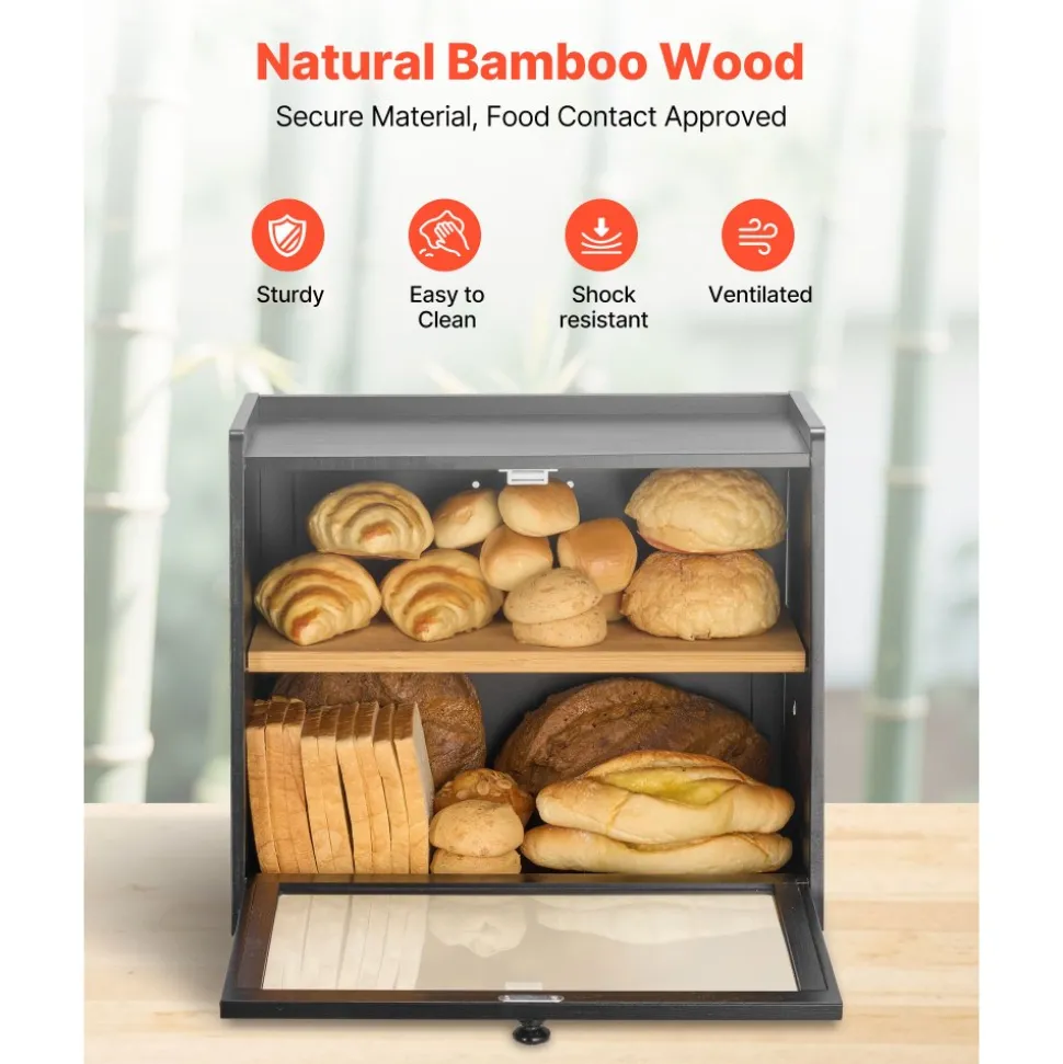 VEVOR Double Layer Bread Box for Kitchen Counter, Large Capacity Bamboo Bread Storage Container, Farmhouse Wooden Breadbox for Homemade Bread, Storage Holder Bin with Acrylic Wavy Door Panel, Black