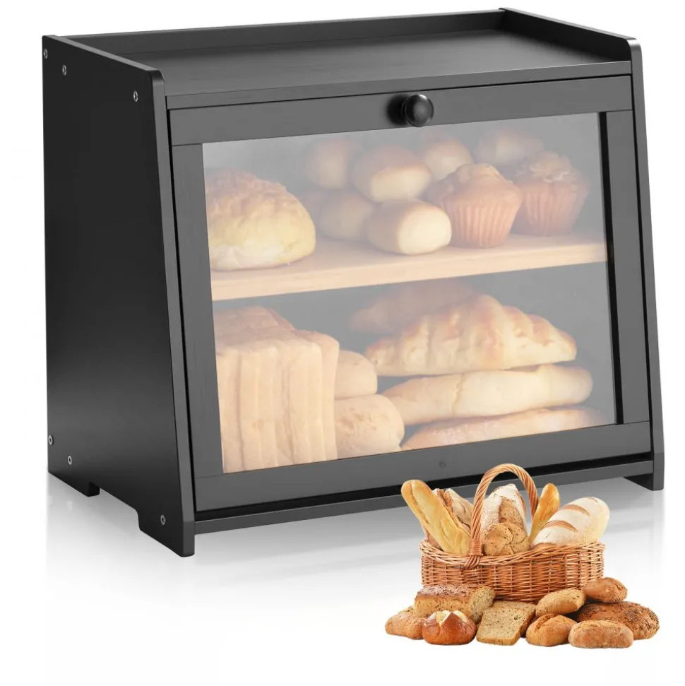 VEVOR Double Layer Bread Box for Kitchen Counter, Large Capacity Bamboo Bread Storage Container, Farmhouse Wooden Breadbox for Homemade Bread, Storage Holder Bin with Acrylic Wavy Door Panel, Black