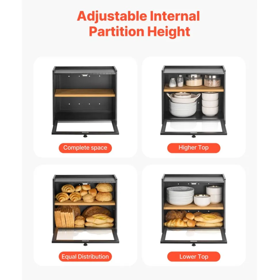 VEVOR Double Layer Bread Box for Kitchen Counter, Large Capacity Bamboo Bread Storage Container, Farmhouse Wooden Breadbox for Homemade Bread, Storage Holder Bin with Acrylic Wavy Door Panel, Black