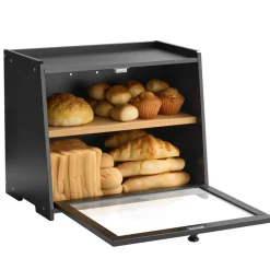 VEVOR Double Layer Bread Box for Kitchen Counter, Large Capacity Bamboo Bread Storage Container, Farmhouse Wooden Breadbox for Homemade Bread, Storage Holder Bin with Acrylic Wavy Door Panel, Black
