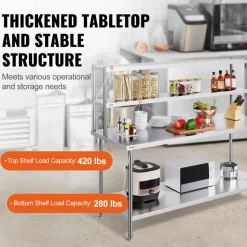 VEVOR Double Overshelf, Double Tier Stainless Steel Overshelf, 12 x 72 Inch Double Deck Overshelf, Height Adjustable Overshelf Prep Work Table for Kitchen, Restaurant and Workshop