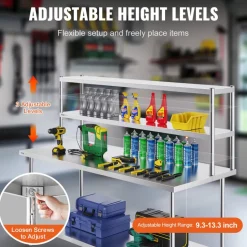 VEVOR Double Overshelf, Double Tier Stainless Steel Overshelf, 12 x 72 Inch Double Deck Overshelf, Height Adjustable Overshelf Prep Work Table for Kitchen, Restaurant and Workshop