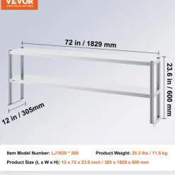 VEVOR Double Overshelf, Double Tier Stainless Steel Overshelf, 12 x 72 Inch Double Deck Overshelf, Height Adjustable Overshelf Prep Work Table for Kitchen, Restaurant and Workshop