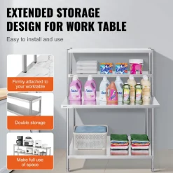VEVOR Double Overshelf, Double Tier Stainless Steel Overshelf, 12 x 48 Inch Double Deck Overshelf, Height Adjustable Overshelf Prep Work Table for Kitchen, Restaurant and Workshop