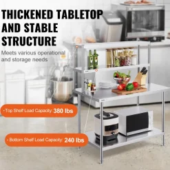 VEVOR Double Overshelf, Double Tier Stainless Steel Overshelf, 12 x 48 Inch Double Deck Overshelf, Height Adjustable Overshelf Prep Work Table for Kitchen, Restaurant and Workshop