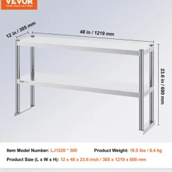 VEVOR Double Overshelf, Double Tier Stainless Steel Overshelf, 12 x 48 Inch Double Deck Overshelf, Height Adjustable Overshelf Prep Work Table for Kitchen, Restaurant and Workshop