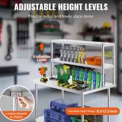 VEVOR Double Overshelf, Double Tier Stainless Steel Overshelf, 12 x 48 Inch Double Deck Overshelf, Height Adjustable Overshelf Prep Work Table for Kitchen, Restaurant and Workshop