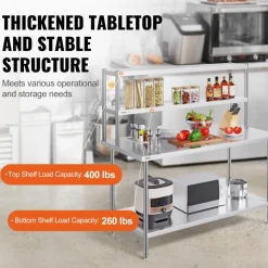 VEVOR Double Overshelf, Double Tier Stainless Steel Overshelf, 12 x 60 Inch Double Deck Overshelf, Height Adjustable Overshelf Prep Work Table for Kitchen, Restaurant and Workshop