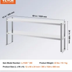 VEVOR Double Overshelf, Double Tier Stainless Steel Overshelf, 12 x 60 Inch Double Deck Overshelf, Height Adjustable Overshelf Prep Work Table for Kitchen, Restaurant and Workshop