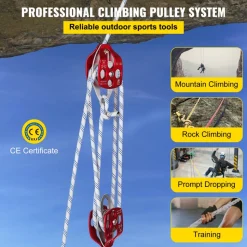VEVOR Double Pulley Block & Rope Kit, 1/2 inch x 98 ft Braided Line, Dual Pulley Rigging System, 35 kN Breaking Strength for Tower Work, Hoisting, Training & Outdoor Applications