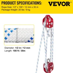 VEVOR Double Pulley Block & Rope Kit, 1/2 inch x 98 ft Braided Line, Dual Pulley Rigging System, 35 kN Breaking Strength for Tower Work, Hoisting, Training & Outdoor Applications