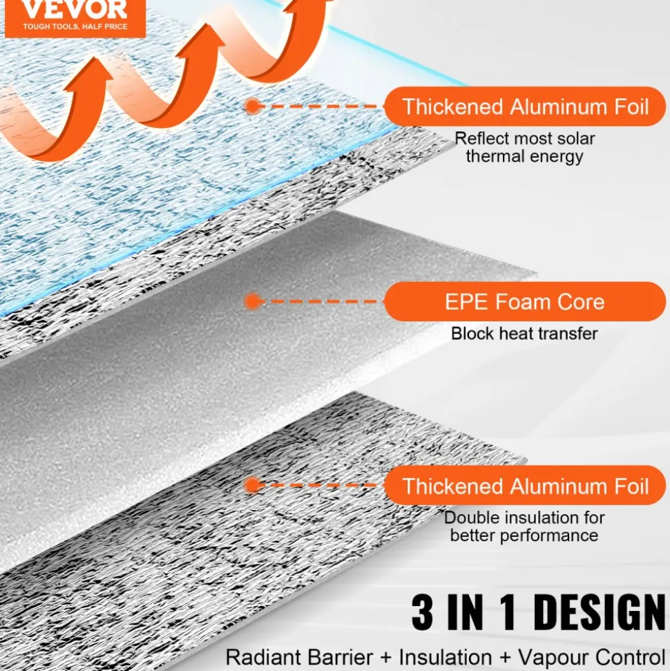 VEVOR Double Reflective Insulation Roll, Foam Core Radiant Barrier, 3.2 mm 48 in x 100 ft, Double-Sided Aluminum Foil EPE Foam Heat Reflective Shield, Thermal Insulation Roll for Window RV Roof