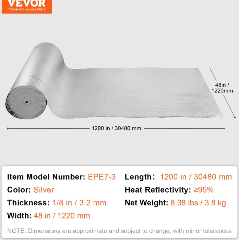 VEVOR Double Reflective Insulation Roll, Foam Core Radiant Barrier, 3.2 mm 48 in x 100 ft, Double-Sided Aluminum Foil EPE Foam Heat Reflective Shield, Thermal Insulation Roll for Window RV Roof