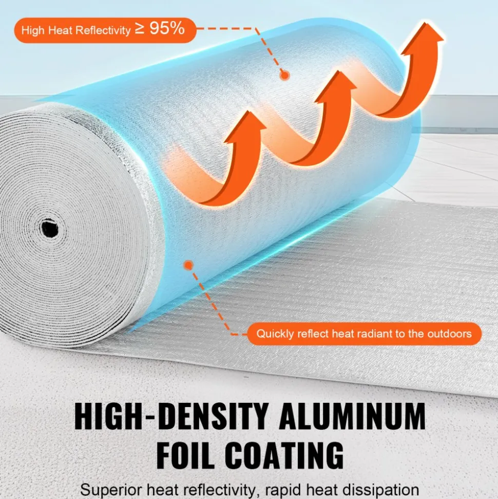 VEVOR Double Reflective Insulation Roll, Foam Core Radiant Barrier, 3.2 mm 48 in x 100 ft, Double-Sided Aluminum Foil EPE Foam Heat Reflective Shield, Thermal Insulation Roll for Window RV Roof