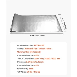 VEVOR Double Reflective Insulation Roll, Perforated Woven Fabric Radiant Barrier, 0.15mm 48 in x 250 ft, Double-Sided Aluminum Foil Heat Reflective Shield, Thermal Insulation Roll for Window RV Roof