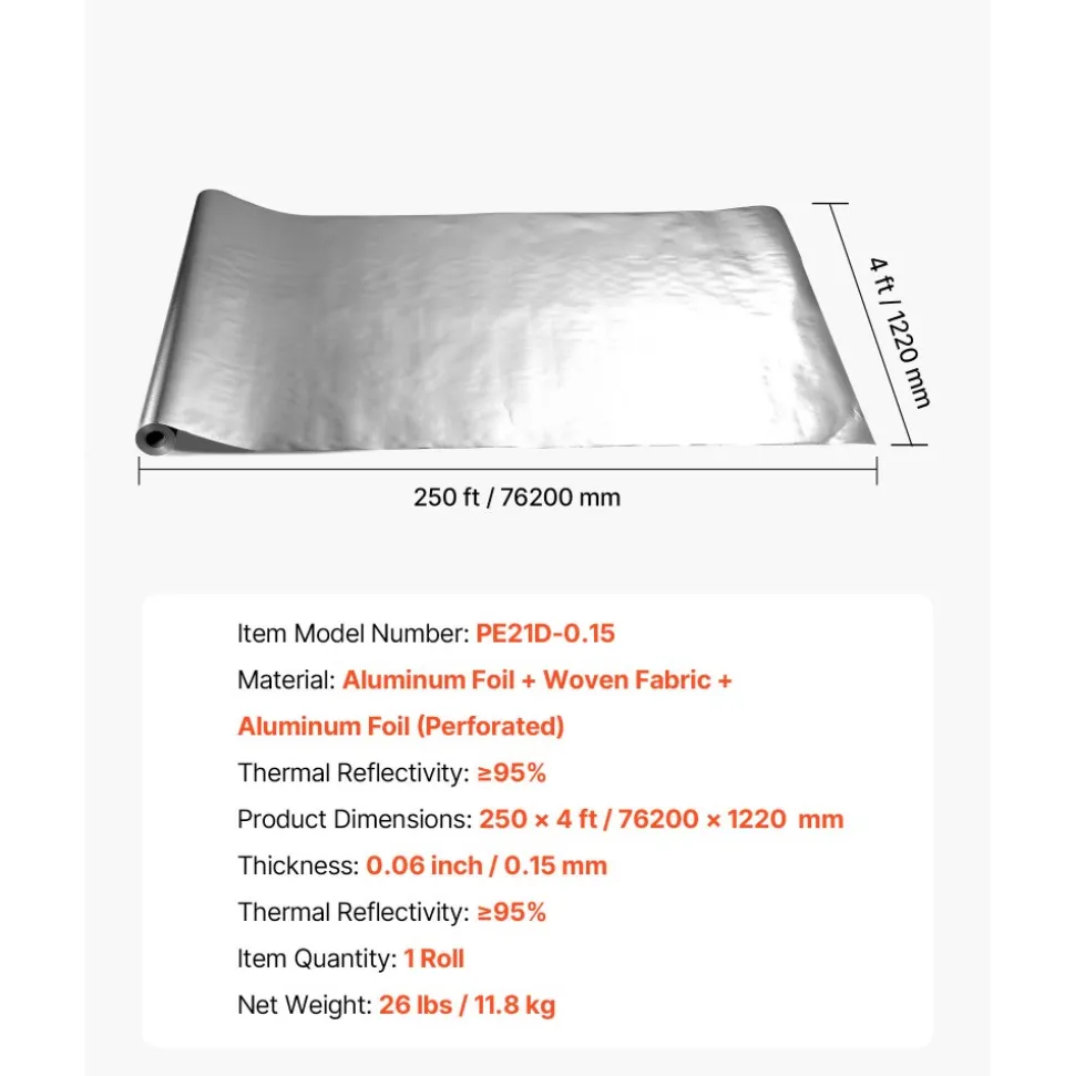 VEVOR Double Reflective Insulation Roll, Perforated Woven Fabric Radiant Barrier, 0.15mm 48 in x 250 ft, Double-Sided Aluminum Foil Heat Reflective Shield, Thermal Insulation Roll for Window RV Roof
