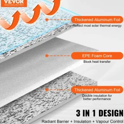 VEVOR Double Reflective Insulation Roll, Perforated Woven Fabric Radiant Barrier, 0.15mm 48 in x 125 ft, Double-Sided Aluminum Foil Heat Reflective Shield, Thermal Insulation Roll for Window RV Roof