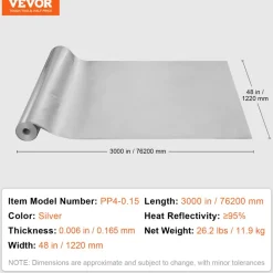 VEVOR Double Reflective Insulation Roll, Woven Fabric Radiant Barrier, 6.5 Mil 48 in x 250 ft, Aluminum Foil PE Woven Cloth Heat Reflective Shield, Thermal Insulation Roll for Window RV Roof