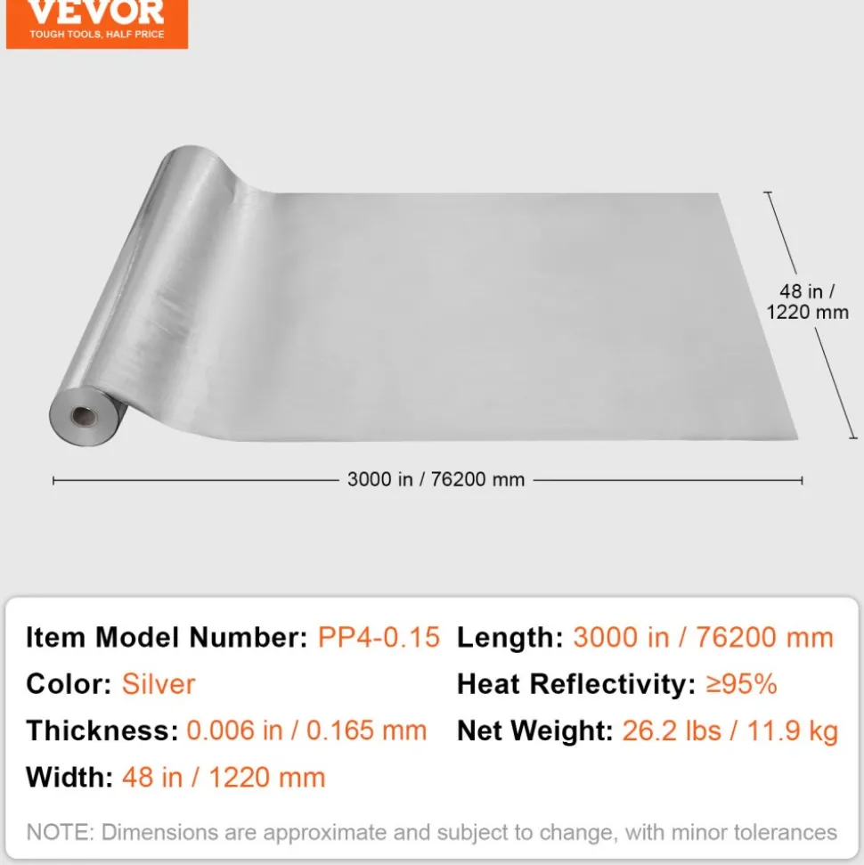 VEVOR Double Reflective Insulation Roll, Woven Fabric Radiant Barrier, 6.5 Mil 48 in x 250 ft, Aluminum Foil PE Woven Cloth Heat Reflective Shield, Thermal Insulation Roll for Window RV Roof