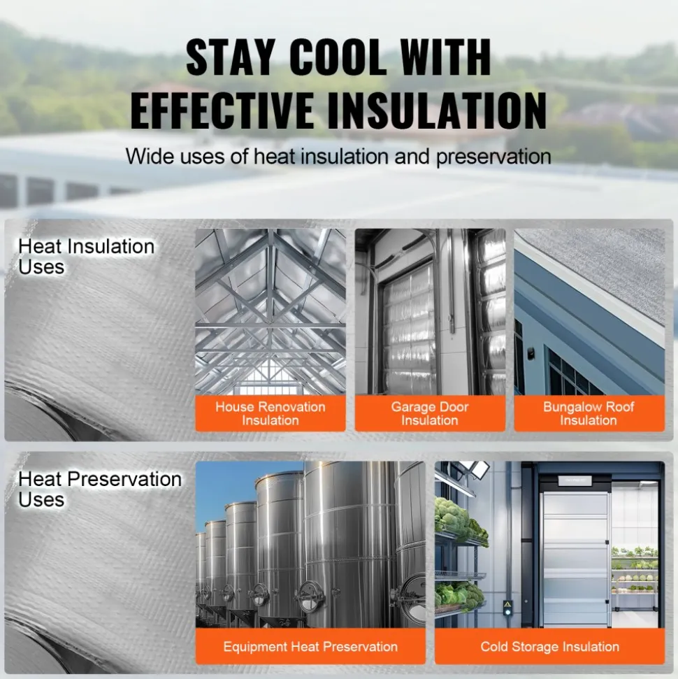 VEVOR Double Reflective Insulation Roll, Woven Fabric Radiant Barrier, 6.5 Mil 48 in x 250 ft, Aluminum Foil PE Woven Cloth Heat Reflective Shield, Thermal Insulation Roll for Window RV Roof