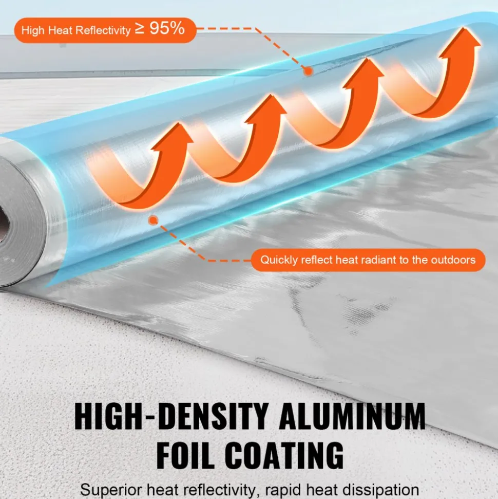 VEVOR Double Reflective Insulation Roll, Woven Fabric Radiant Barrier, 6.5 Mil 48 in x 250 ft, Aluminum Foil PE Woven Cloth Heat Reflective Shield, Thermal Insulation Roll for Window RV Roof