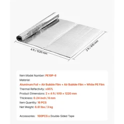 VEVOR Double Reflective Insulation Sheet, 16PCS Double-Sided Aluminum Foil Radiant Barrier, 6mm 24 in x 4 ft, Dual-Layer Air Bubble Heat Reflective Shield, Thermal Insulation Rolls