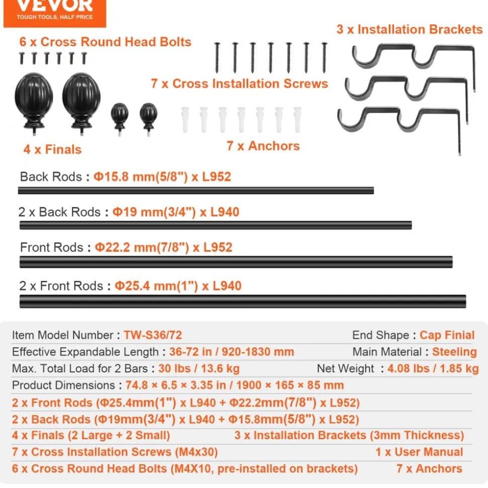 VEVOR Double Rod Curtain Rods, 36-72 inches(3-6ft) Adjustable Length, Black Double Curtain Rods with Round Finials, 1" and 3/4" Diameter, Double Window Drapery Rod for Sheer and Blackout Curtains