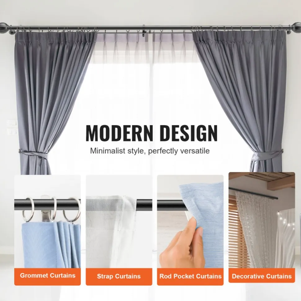 VEVOR Double Rod Curtain Rods, 36-72 inches(3-6ft) Adjustable Length, Black Double Curtain Rods with Round Finials, 1" and 3/4" Diameter, Double Window Drapery Rod for Sheer and Blackout Curtains