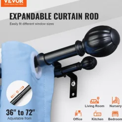 VEVOR Double Rod Curtain Rods, 36-72 inches(3-6ft) Adjustable Length, Black Double Curtain Rods with Round Finials, 1