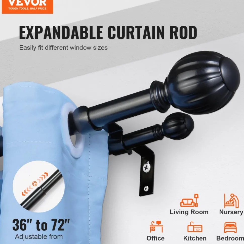 VEVOR Double Rod Curtain Rods, 36-72 inches(3-6ft) Adjustable Length, Black Double Curtain Rods with Round Finials, 1" and 3/4" Diameter, Double Window Drapery Rod for Sheer and Blackout Curtains