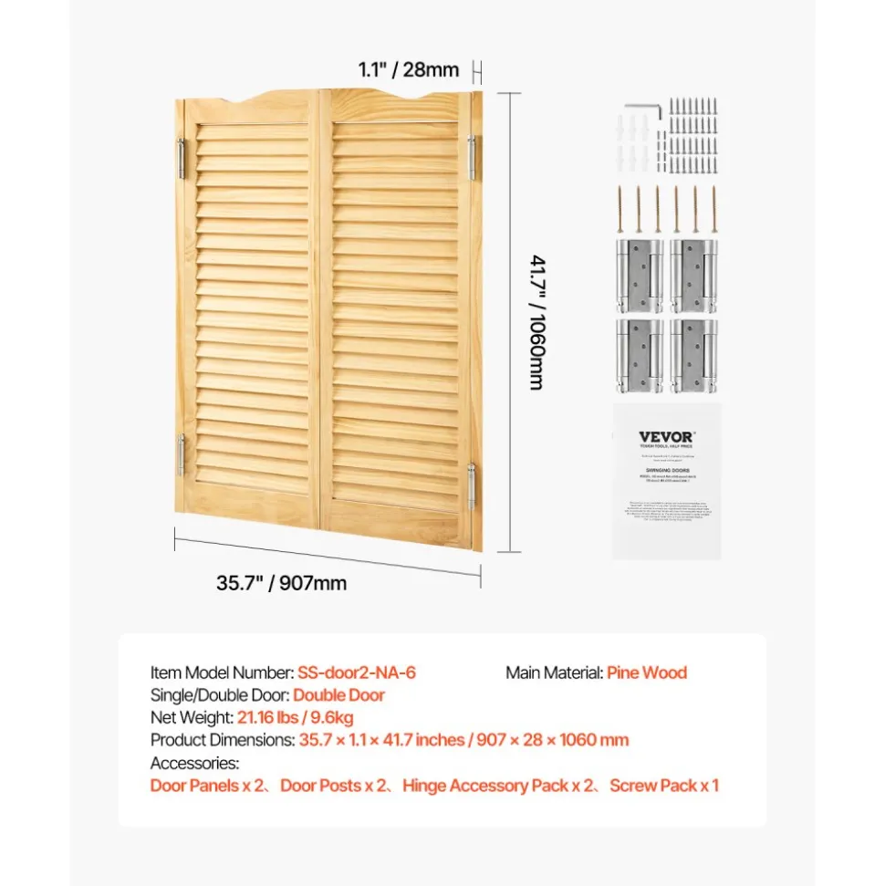VEVOR Double Saloon Doors, 36"W x 42" H Arched Top Interior Swinging Cafe Doors, Premium Pine Wood, with Hinges & Hardware Kit, Easy to Install, for Hallway Kitchen Bar Pub Entrance, Log Color