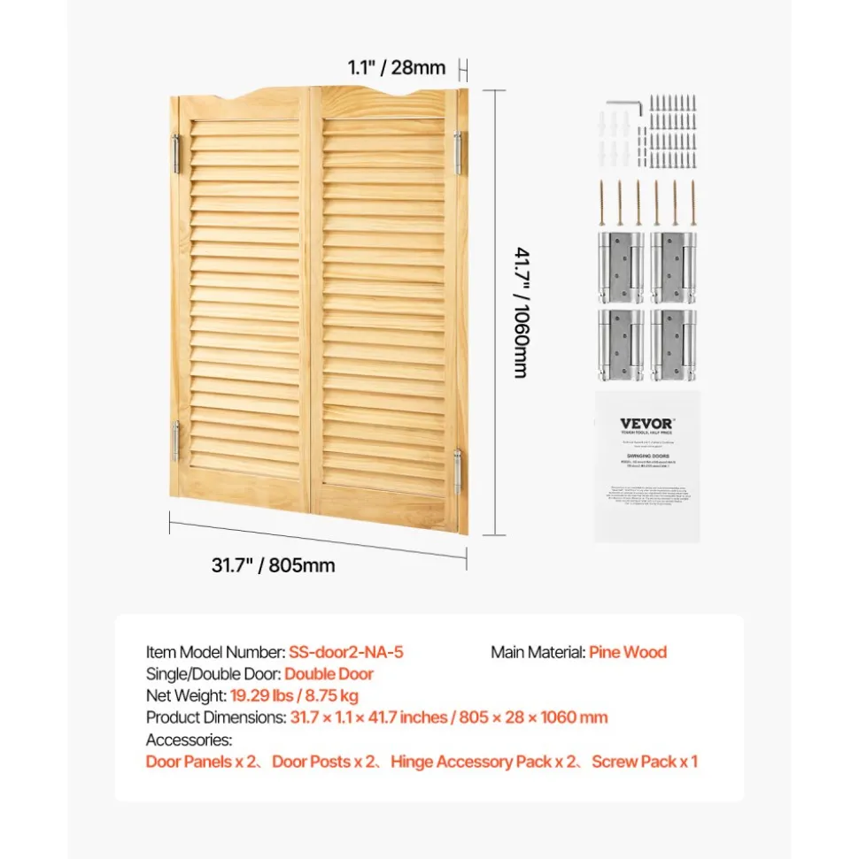 VEVOR Double Saloon Doors, 32"W x 42" H Arched Top Interior Swinging Cafe Doors, Premium Pine Wood, with Hinges & Hardware Kit, Easy to Install, for Hallway Kitchen Bar Pub Entrance, Log Color