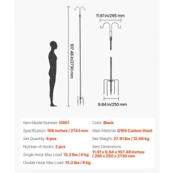 VEVOR Double Shepherds Hooks for Outdoor, 8 Pack 108 Inch Heavy Duty Bird Feeder Pole, 3/4 Inch Thick Garden Hooks for Hanging Hummingbird Feeder, Plant Baskets, Solar Light Lanterns,Wind Chimes
