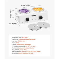 VEVOR Double Wax Warmer, 1200ML Professional Dual Wax Warmer for Hair Removal, 32 ℉ - 212℉ Adjustable Electric Waxing Heater Pot with 50PCS Waxing Sticks for Home Use, Beauty Salon, Spa