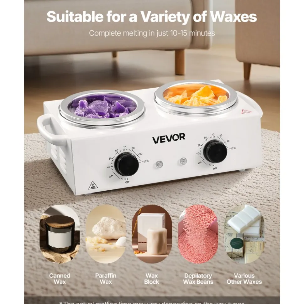 VEVOR Double Wax Warmer, 1200ML Professional Dual Wax Warmer for Hair Removal, 32 ℉ - 212℉ Adjustable Electric Waxing Heater Pot with 50PCS Waxing Sticks for Home Use, Beauty Salon, Spa