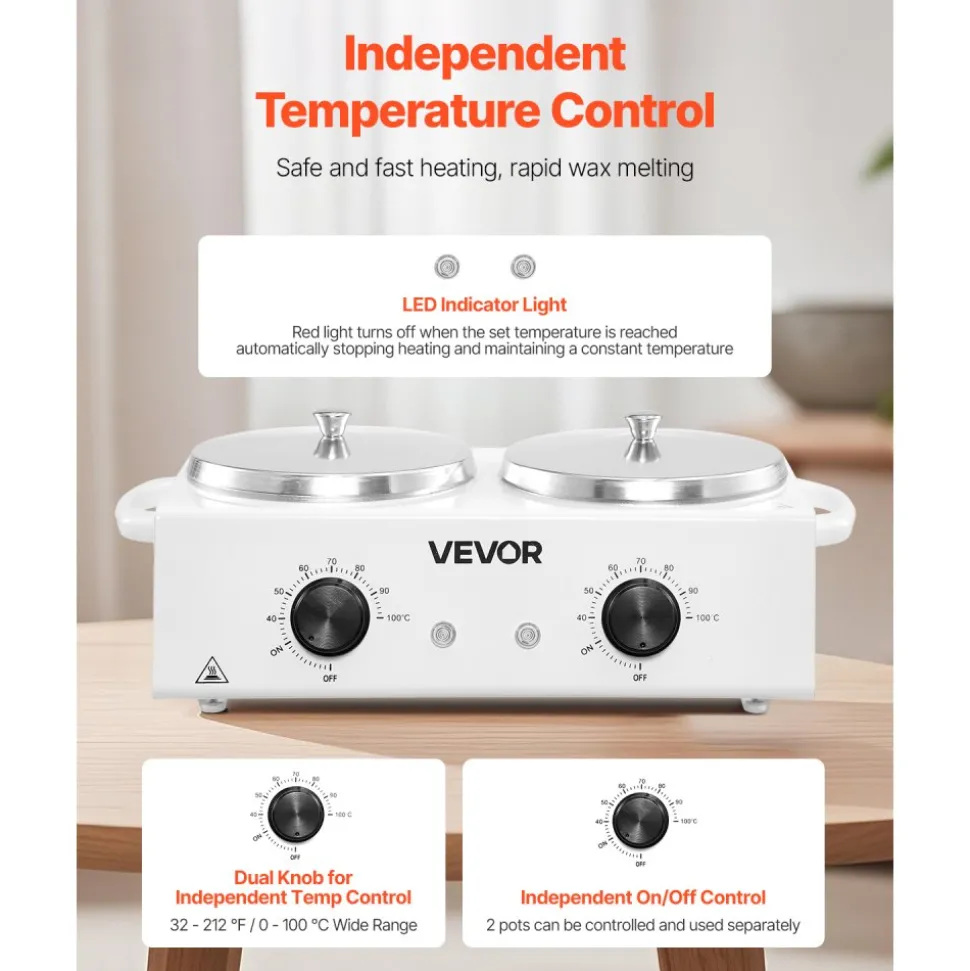 VEVOR Double Wax Warmer, 1200ML Professional Dual Wax Warmer for Hair Removal, 32 ℉ - 212℉ Adjustable Electric Waxing Heater Pot with 50PCS Waxing Sticks for Home Use, Beauty Salon, Spa