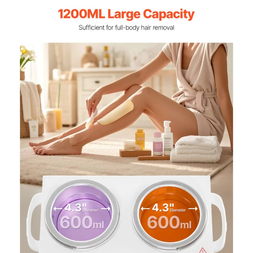 VEVOR Double Wax Warmer, 1200ML Professional Dual Wax Warmer for Hair Removal, 32 ℉ - 212℉ Adjustable Electric Waxing Heater Pot with 50PCS Waxing Sticks for Home Use, Beauty Salon, Spa