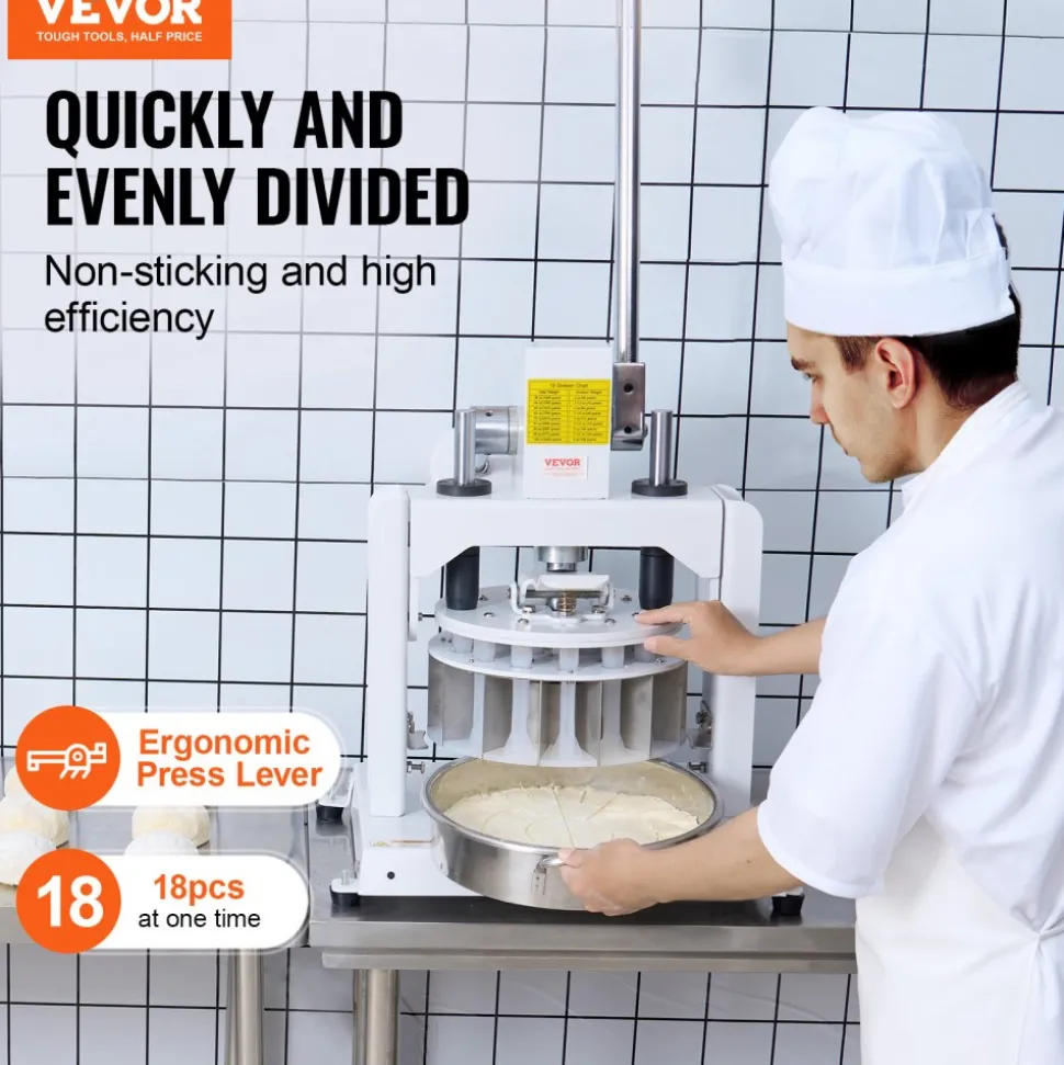 VEVOR Dough Divider Rounder, 18PCS Manual Dough Equal Divider Machine, 2.11oz - 9.88oz Hand Press Dough Cutter with 304 Stainless Steel Tray and Blade, Bread Maker for Bakery, Restaurant, Commercial