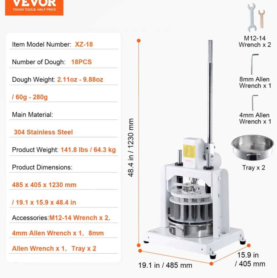 VEVOR Dough Divider Rounder, 18PCS Manual Dough Equal Divider Machine, 2.11oz - 9.88oz Hand Press Dough Cutter with 304 Stainless Steel Tray and Blade, Bread Maker for Bakery, Restaurant, Commercial