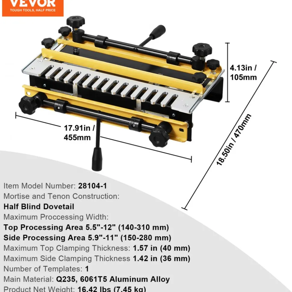 VEVOR Dovetail Jig, 12 in Width, Dove Tailing Router Jigs with Router Bit & 1/2” Template, Precise Alignment Dove Tail Jig, Mortise and Tenon Jig Woodworking Tools for Furniture & Wood Cabinet Making