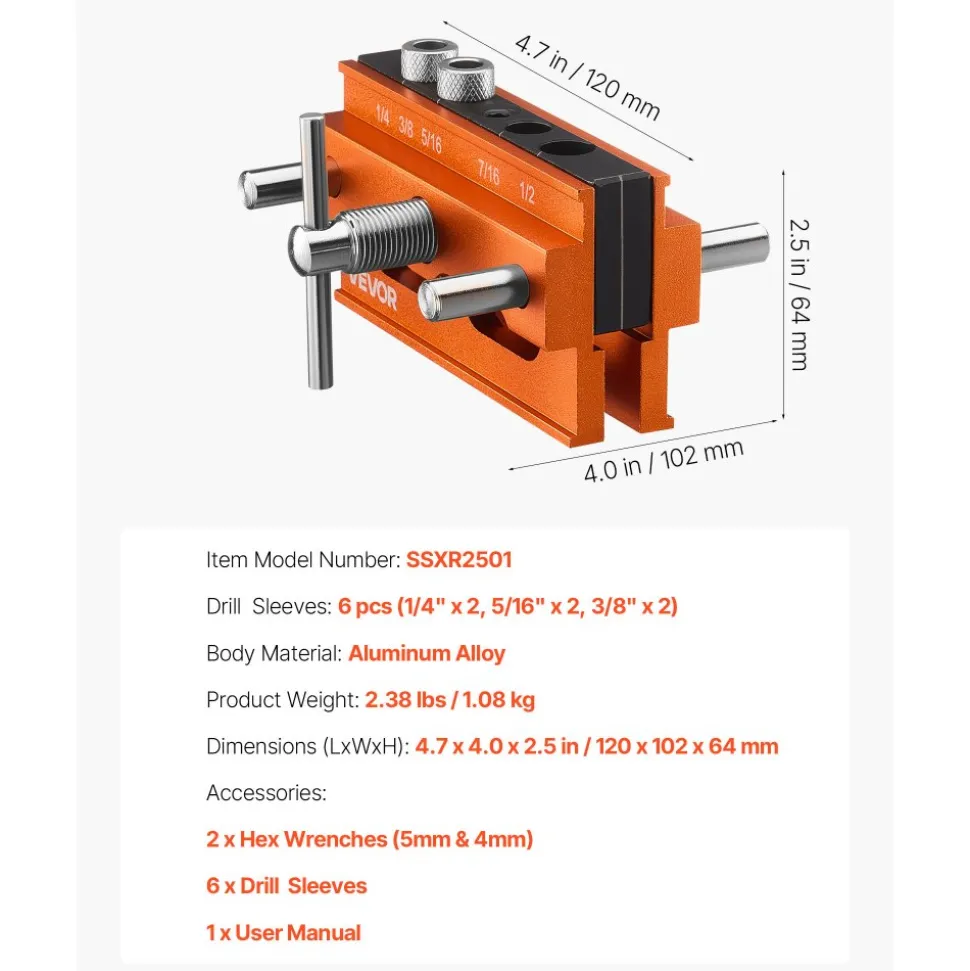VEVOR Doweling Jig Kit, Self Centering Dowel Drill Jig for Straight Holes, Aluminum Alloy Woodworking Tools with 6 Drill Guide Bushings, Adjustable Width, for Wood Working, Drilling and Marking
